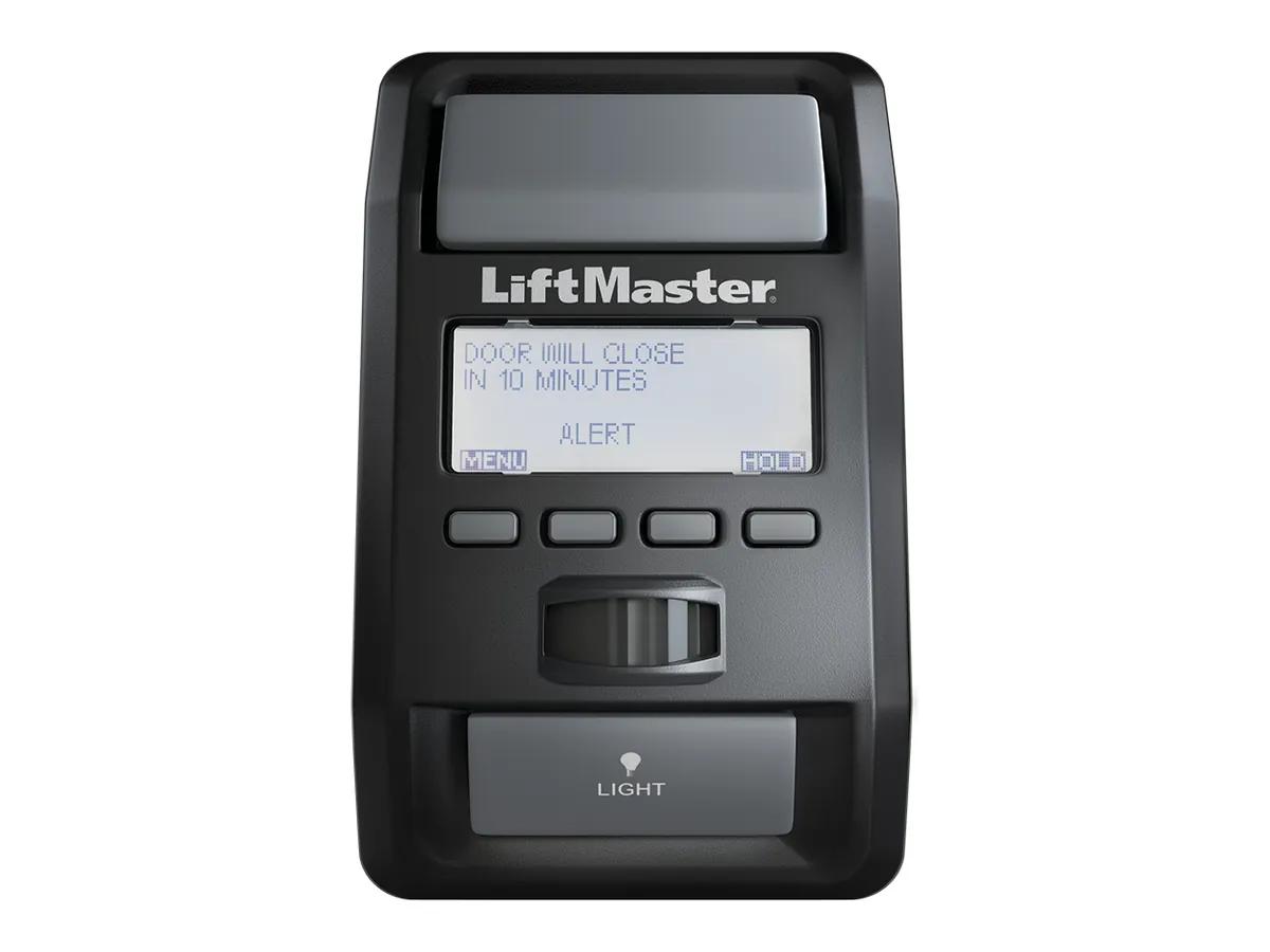 LiftMaster error codes show on this 880LMW Smart Control Panel screen as well as the opener arrows