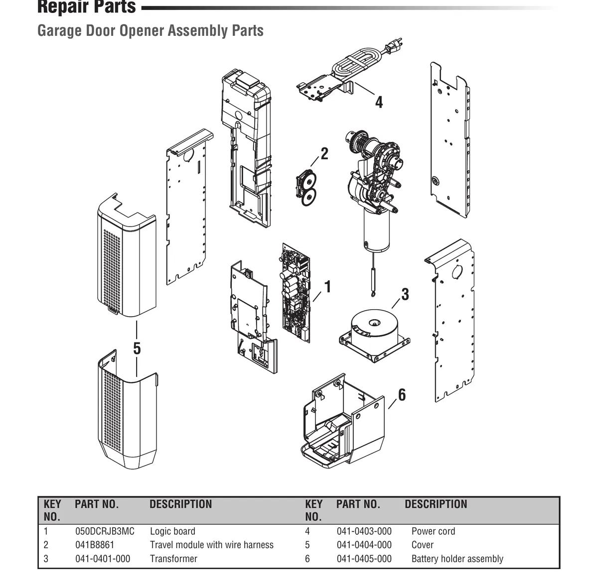 LiftMaster 98032 wall mount opener repair parts diagram with logic board and travel module