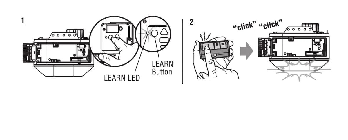 LiftMaster manual figure of pressing the learn button and then the remote button until the opener clicks