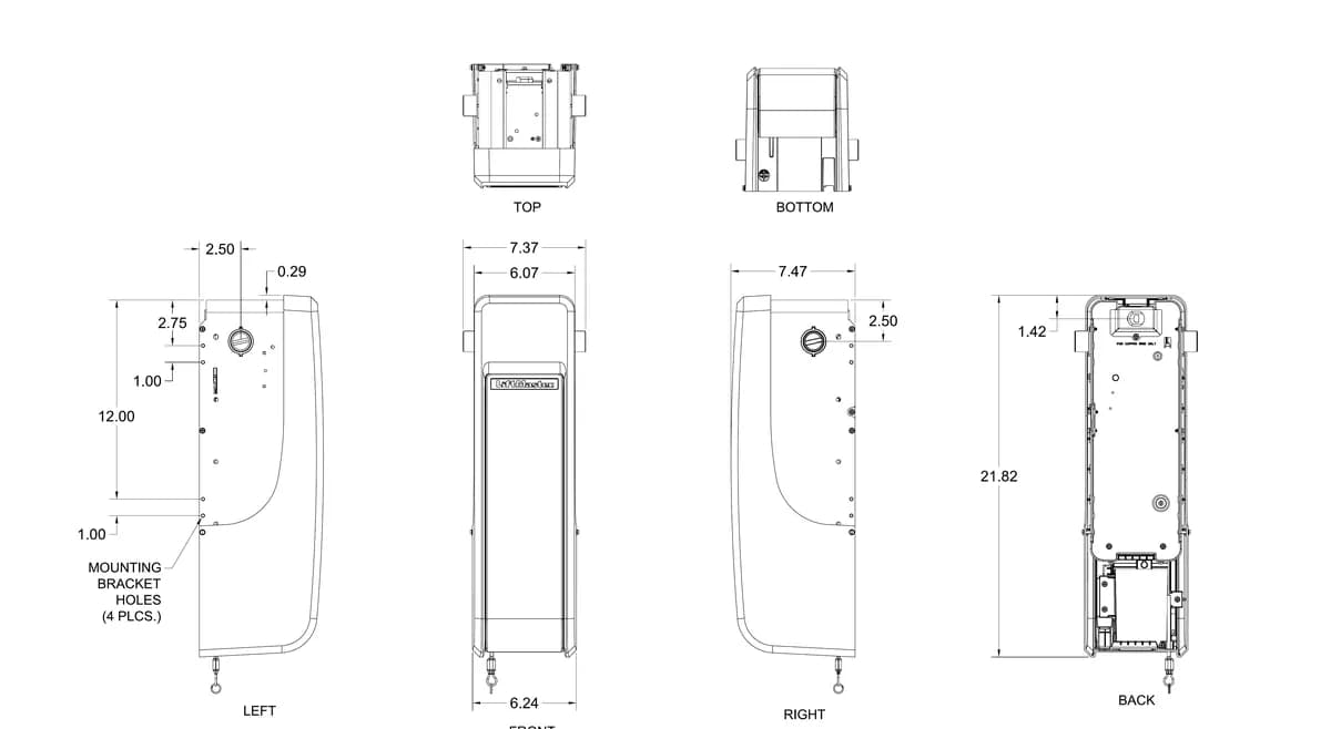 LiftMaster LJ8900W light duty operator dimension drawing with front, side and back views