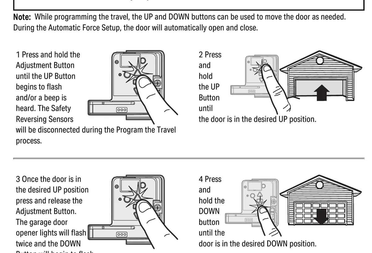 LiftMaster manual figure of the Program the Travel steps with the adjustment button and UP and DOWN arrows