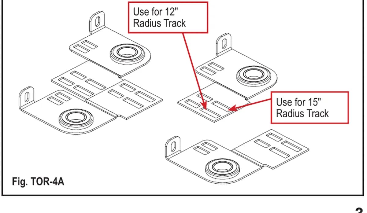 Clopay end bearing plates showing which slots to use for 12 inch and 15 inch radius track