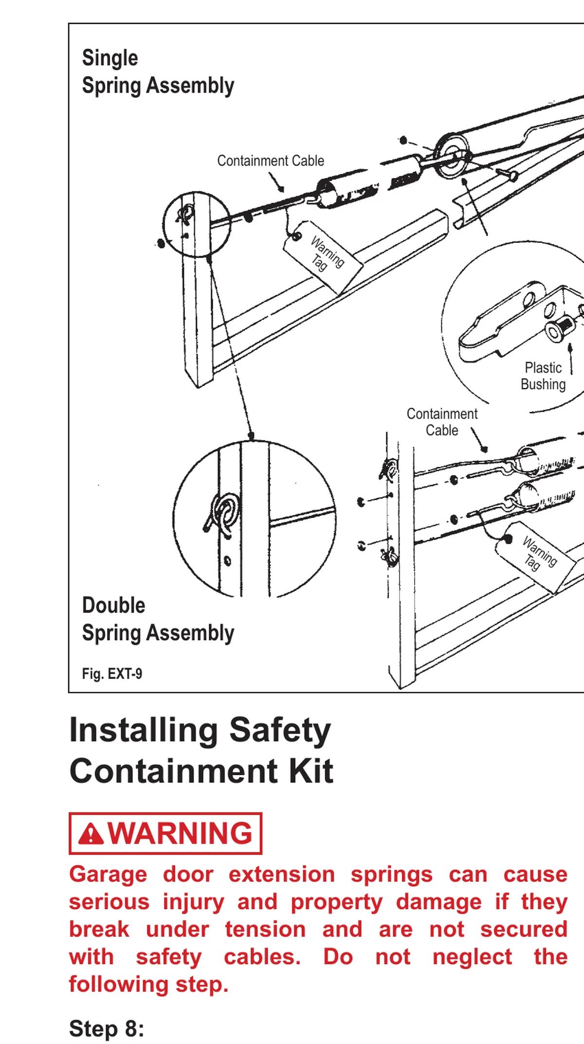 Clopay single and double extension spring assemblies with a safety containment cable through each spring