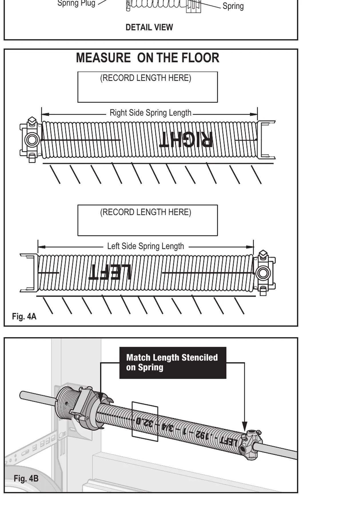 Clopay EZ-SET torsion springs laid on the floor with LEFT and RIGHT stencils and stenciled length
