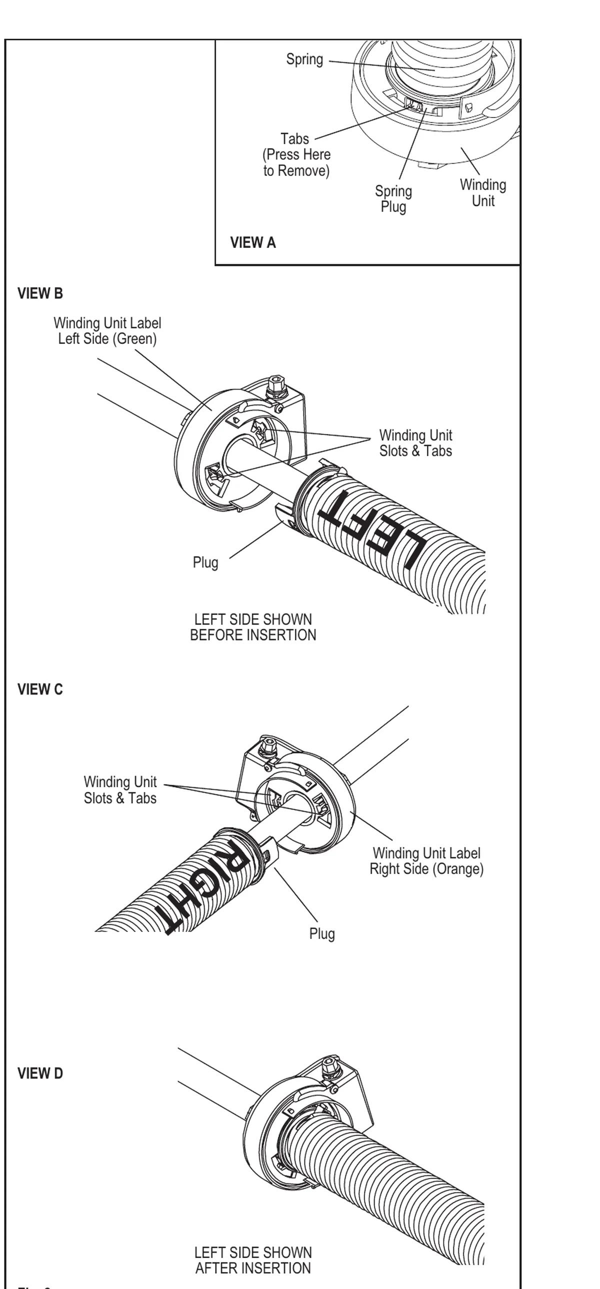 Clopay EZ-SET torsion winding unit and spring plug, left green label and right orange label