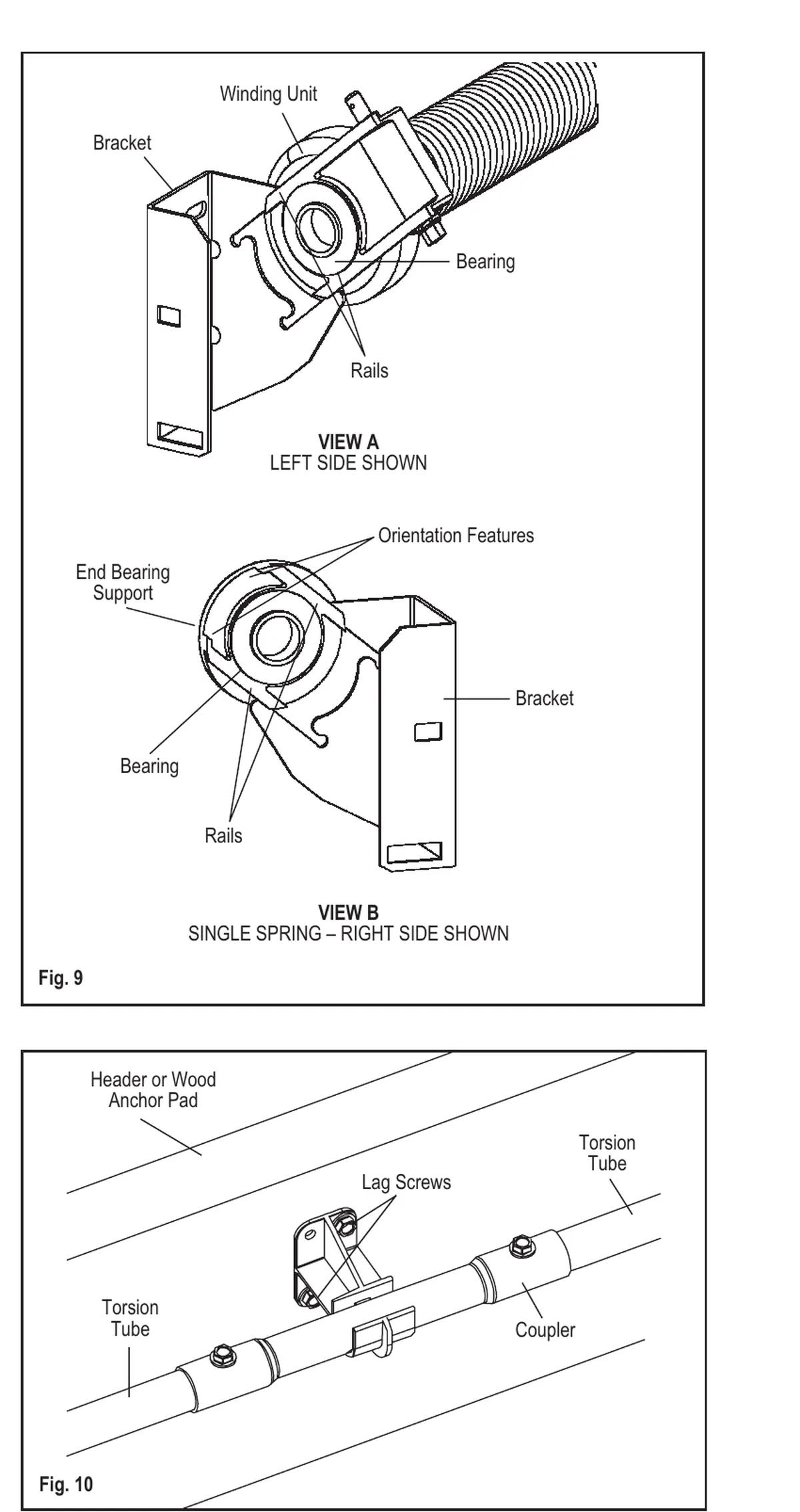 Clopay EZ-SET torsion winding unit and end bearing support sliding onto the bracket rails