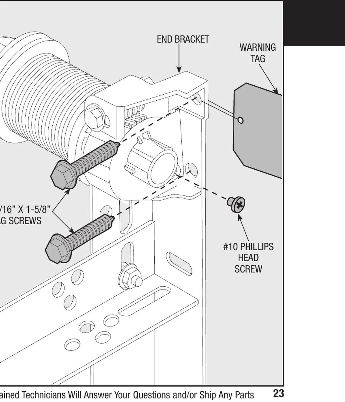 Wayne Dalton TorqueMaster end bracket fastened with hex head lag screws and a Phillips head screw, with warning tag