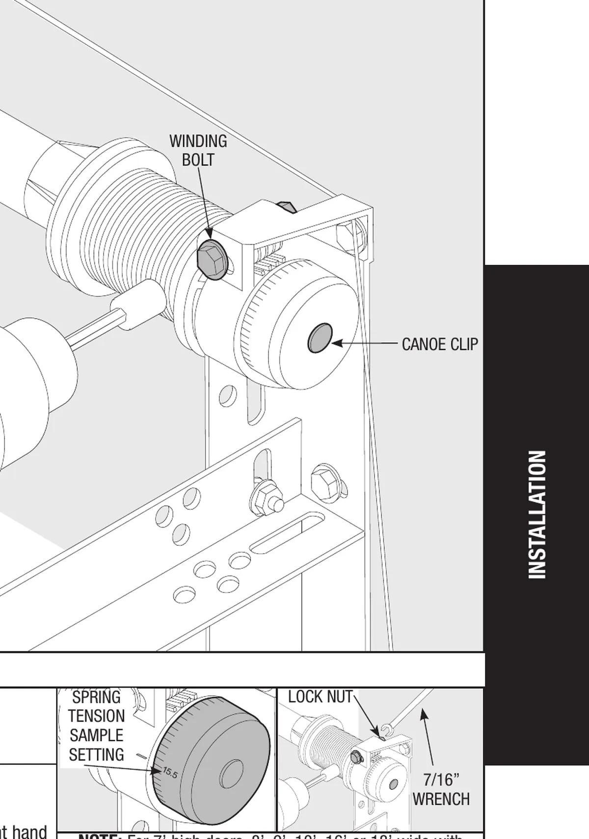 Wayne Dalton TorqueMaster winding bolt, canoe clip, lock nut and spring tension sample setting
